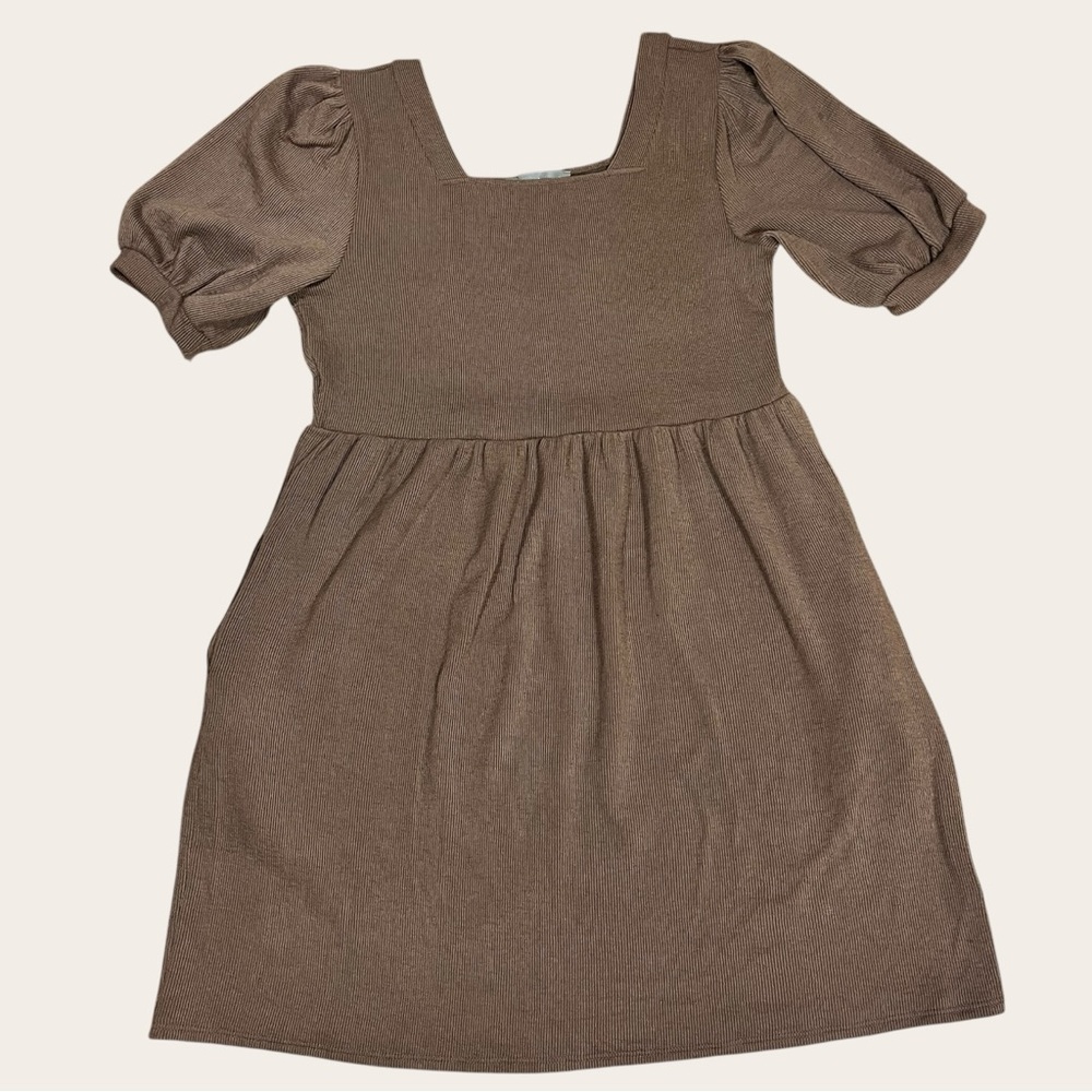 Pixi + Ivy Womens Square Neck Ribbed Stretchy Cottagecore Dress L Tan Lagenlook